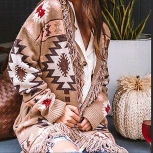 Last! Taupe Tribal Fringe Open Cardigan